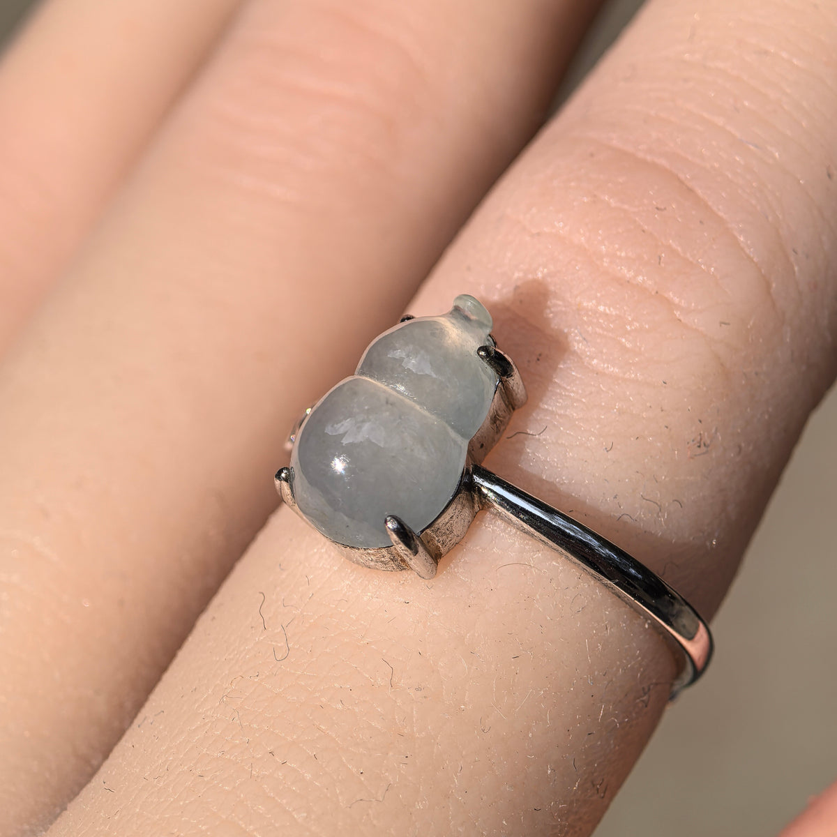 Icy Glutinous White Gourd Hulu Jadeite Ring -US6.5 Adjustable