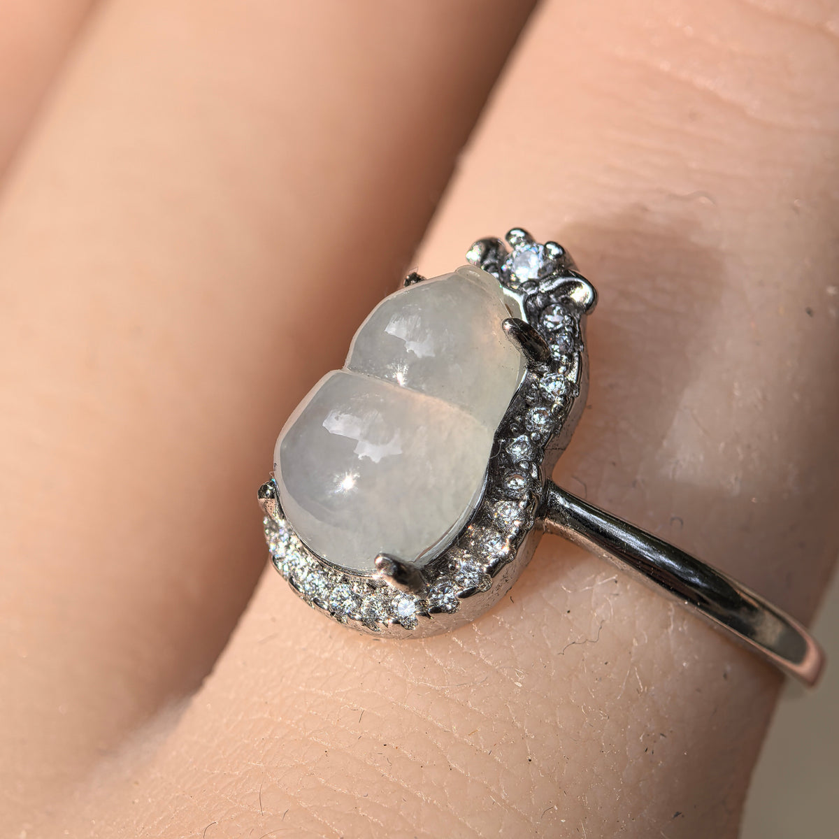 Icy Glutinous White Gourd Jadeite Halo Ring -US7.5 Adjustable
