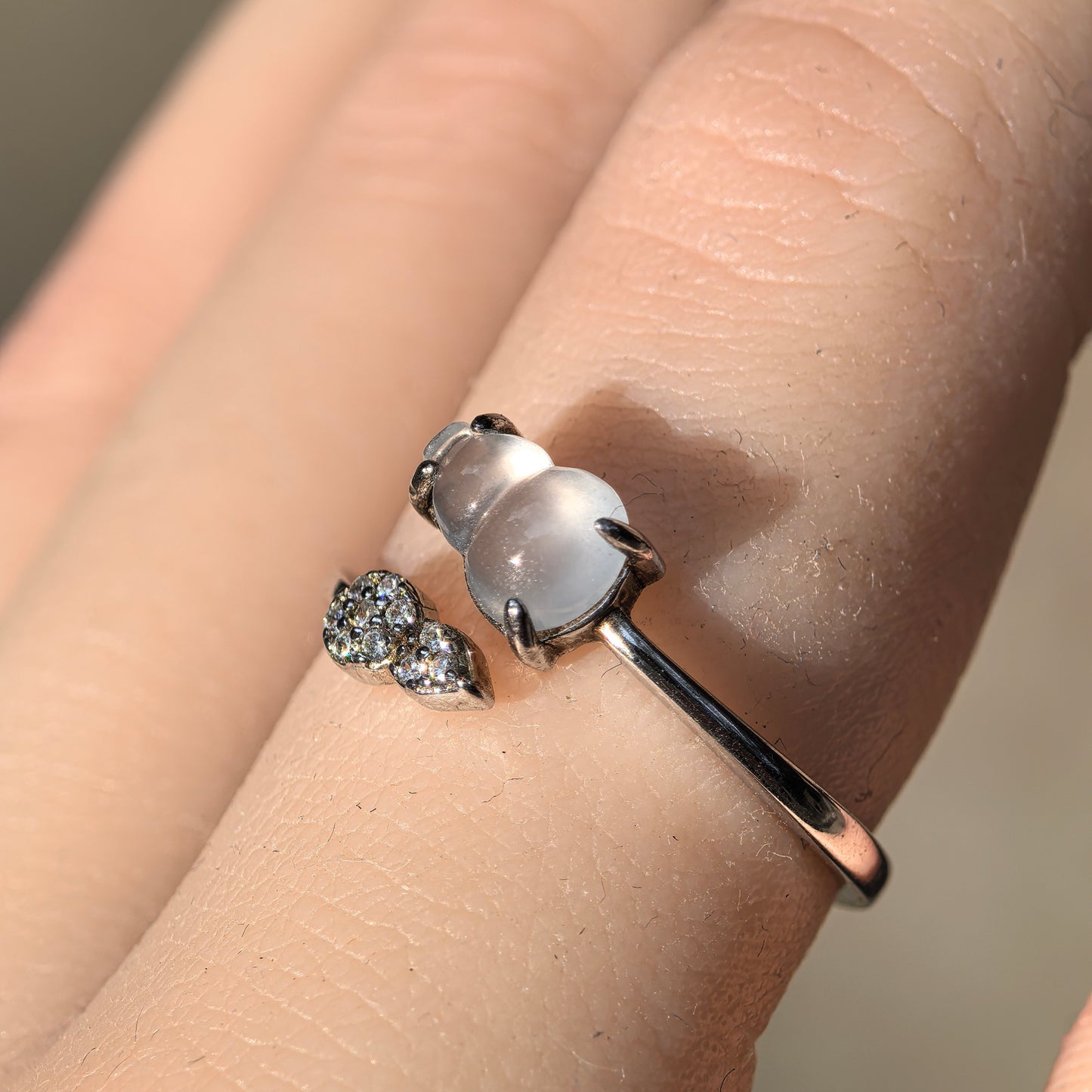 Natural Grade-A Silver-Set Icy Translucent Double Gourd (Hulu) Jadeite Open Ring · Burmese Jadeite