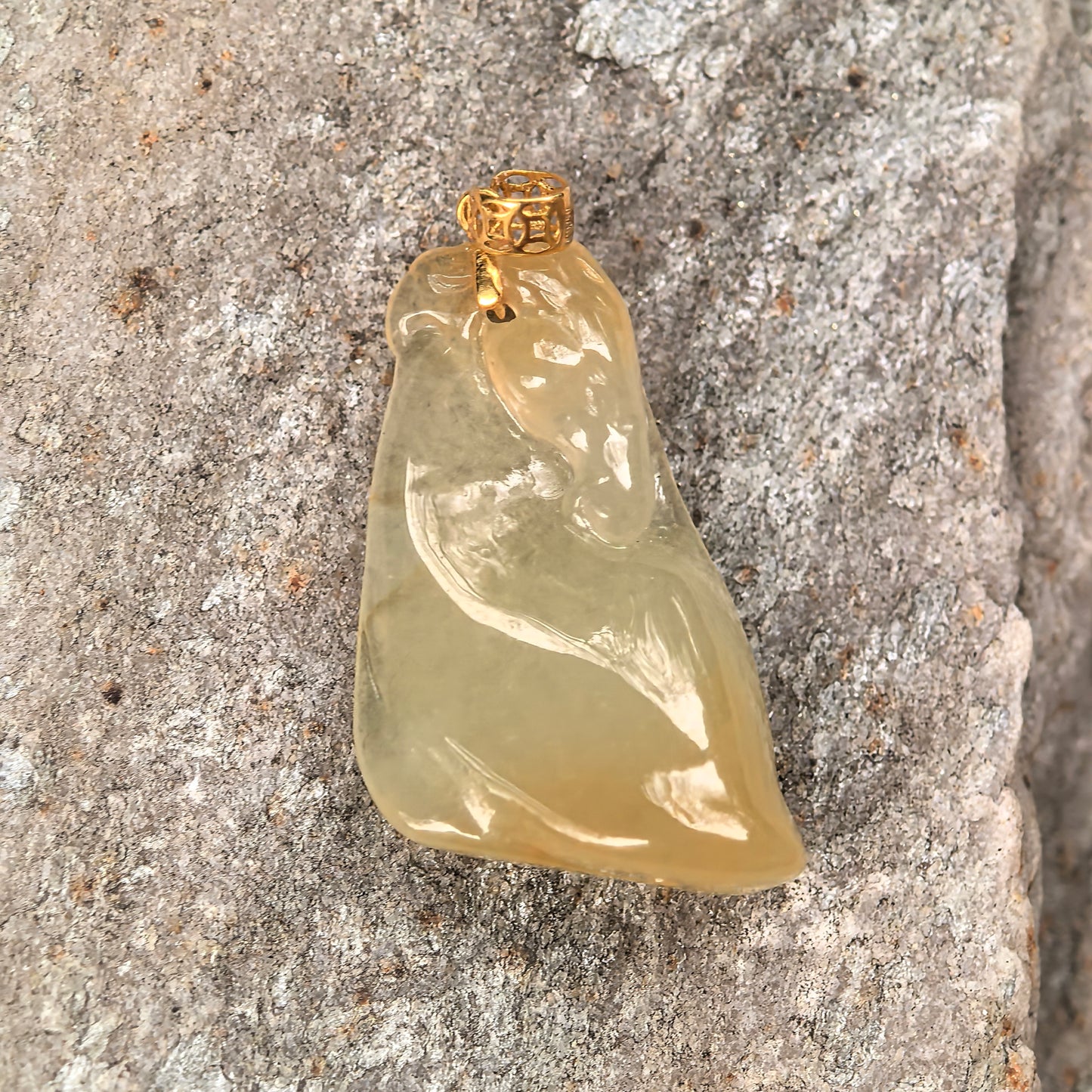 Natural Grade-A Jadeite Icy Yellow Horse Head Pendant with 18K Gold Bail · Burmese Jade