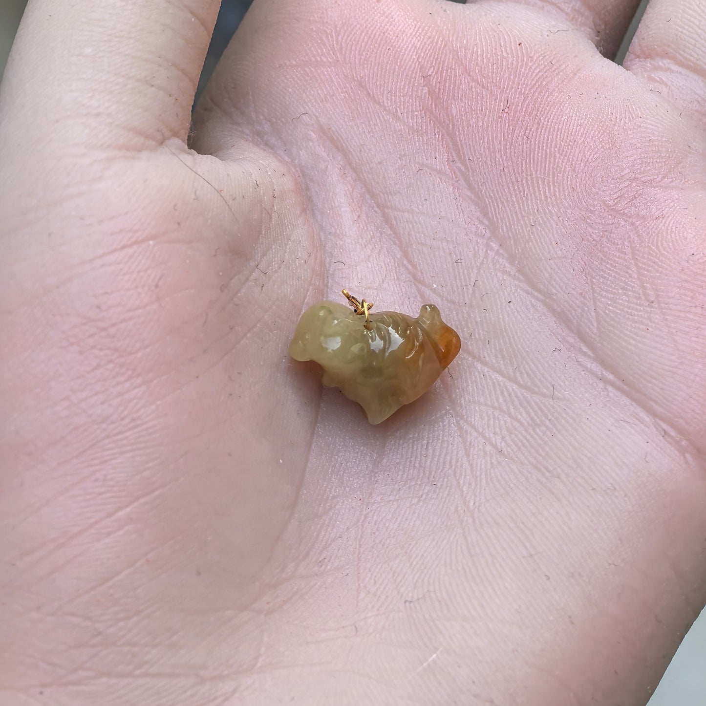 Natural Grade-A 18K Gold Bail Glutinous Icy Yellow Jadeite Tiger Charm · Burmese Jadeite