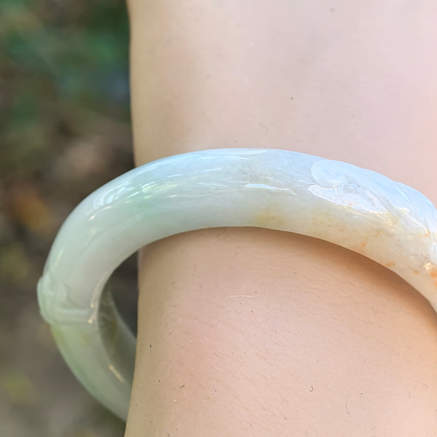 Natural Grade-A Jadeite Glutinous “Golden Splash” Carved D-shape Bangle ·Burmese Jade