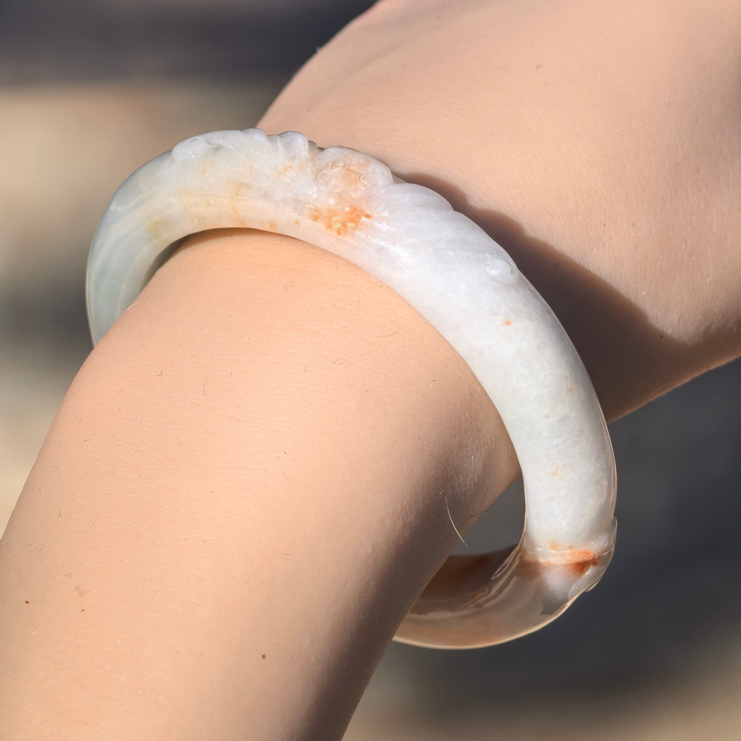 Natural Grade-A Jadeite Glutinous “Golden Splash” Carved D-shape Bangle ·Burmese Jade