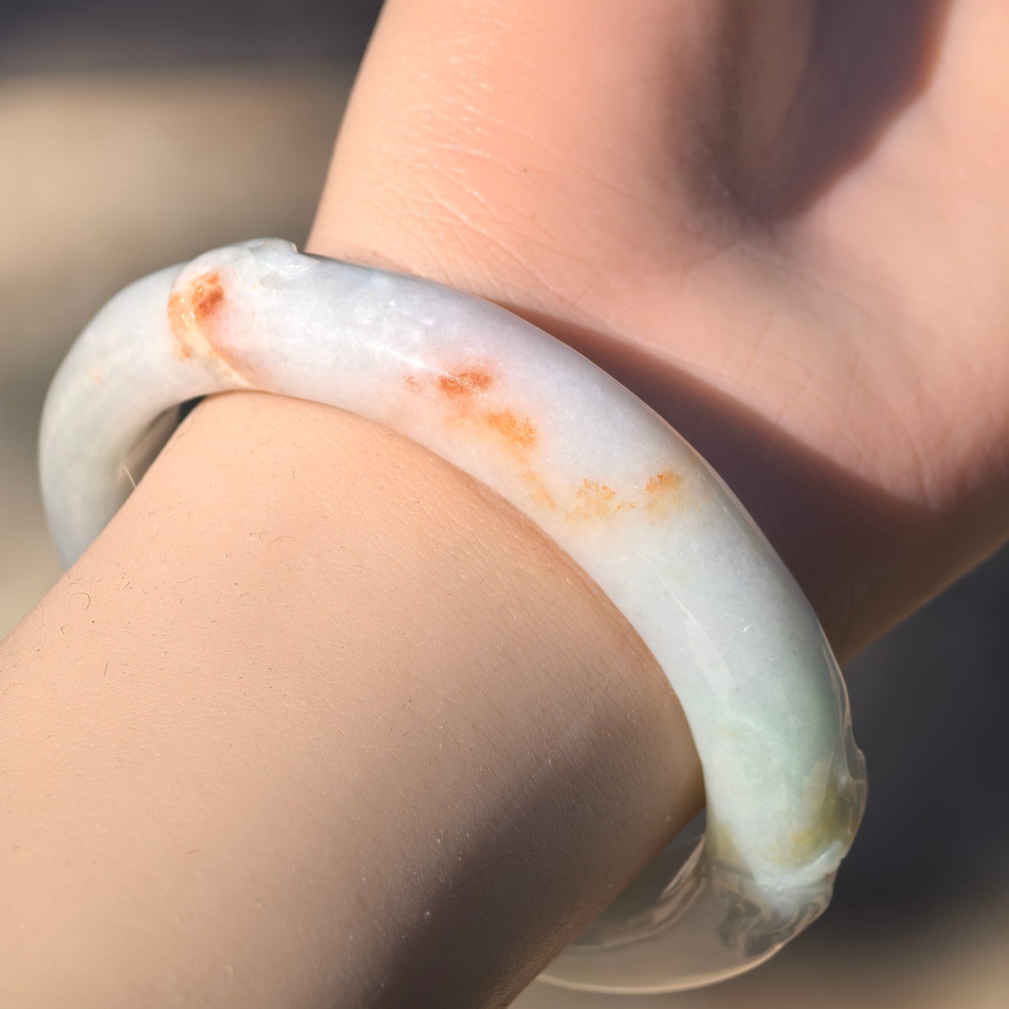 Natural Grade-A Jadeite Glutinous “Golden Splash” Carved D-shape Bangle ·Burmese Jade