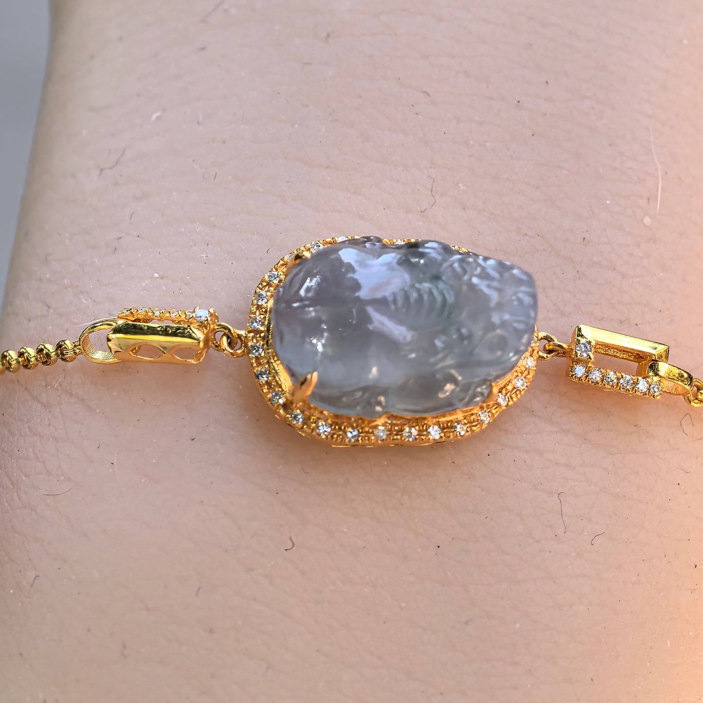 Natural Grade-A Jadeite Icy Blue Pixiu Bracelet in 18K Gold · Burmese Jade