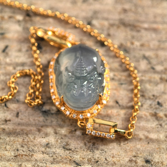 Natural Grade-A Jadeite Icy Blue Pixiu Bracelet in 18K Gold · Burmese Jade