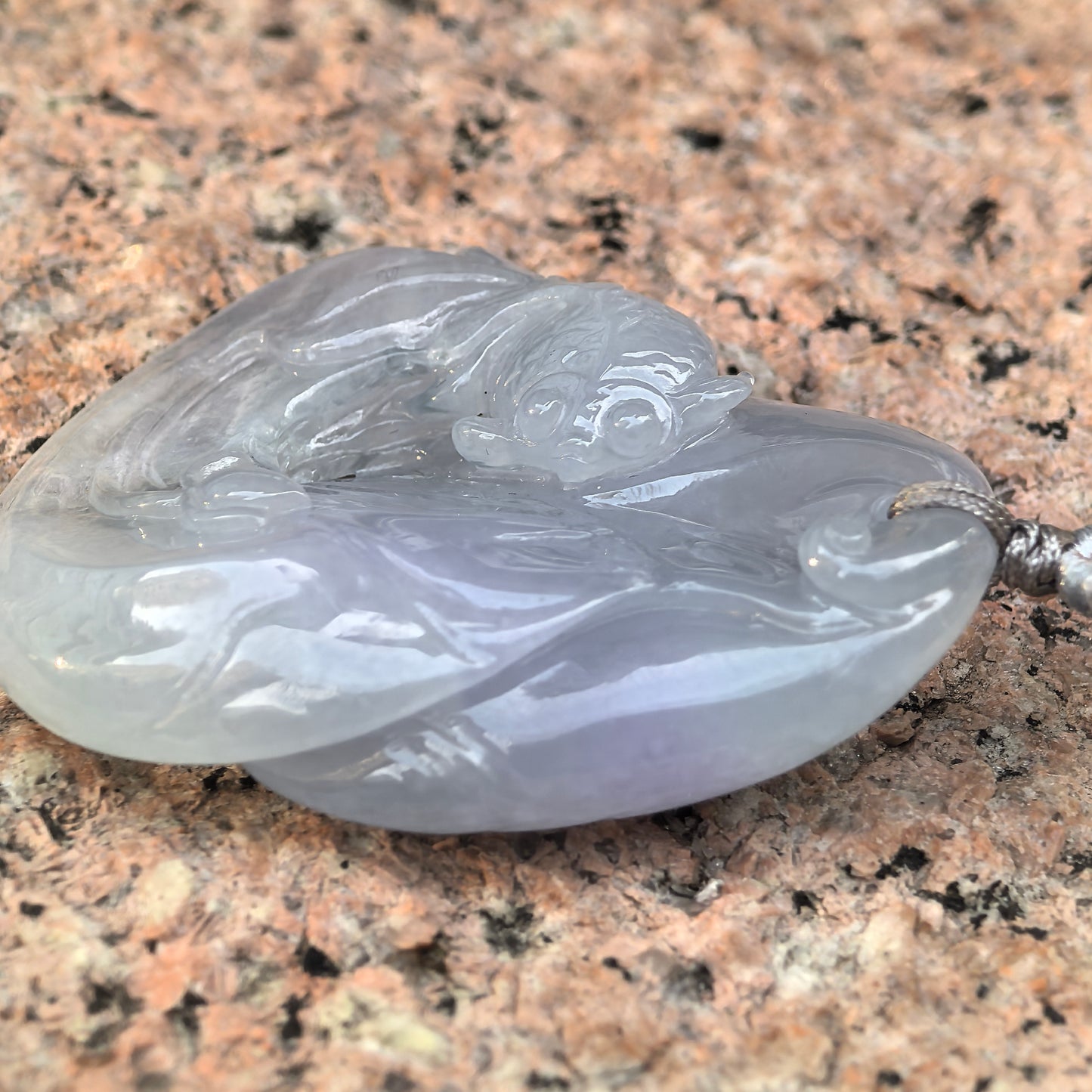 Natural Grade-A Jadeite Glutinous-Icy Lavender Lotus Fish Pendant ·Burmese Jade