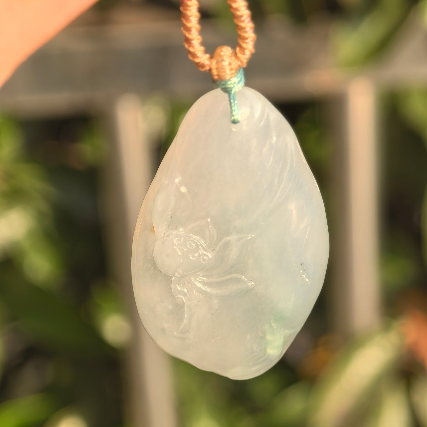 Natural Grade-A Jadeite Icy Glutinous Lotus Fish Pendant · Burmese Jade