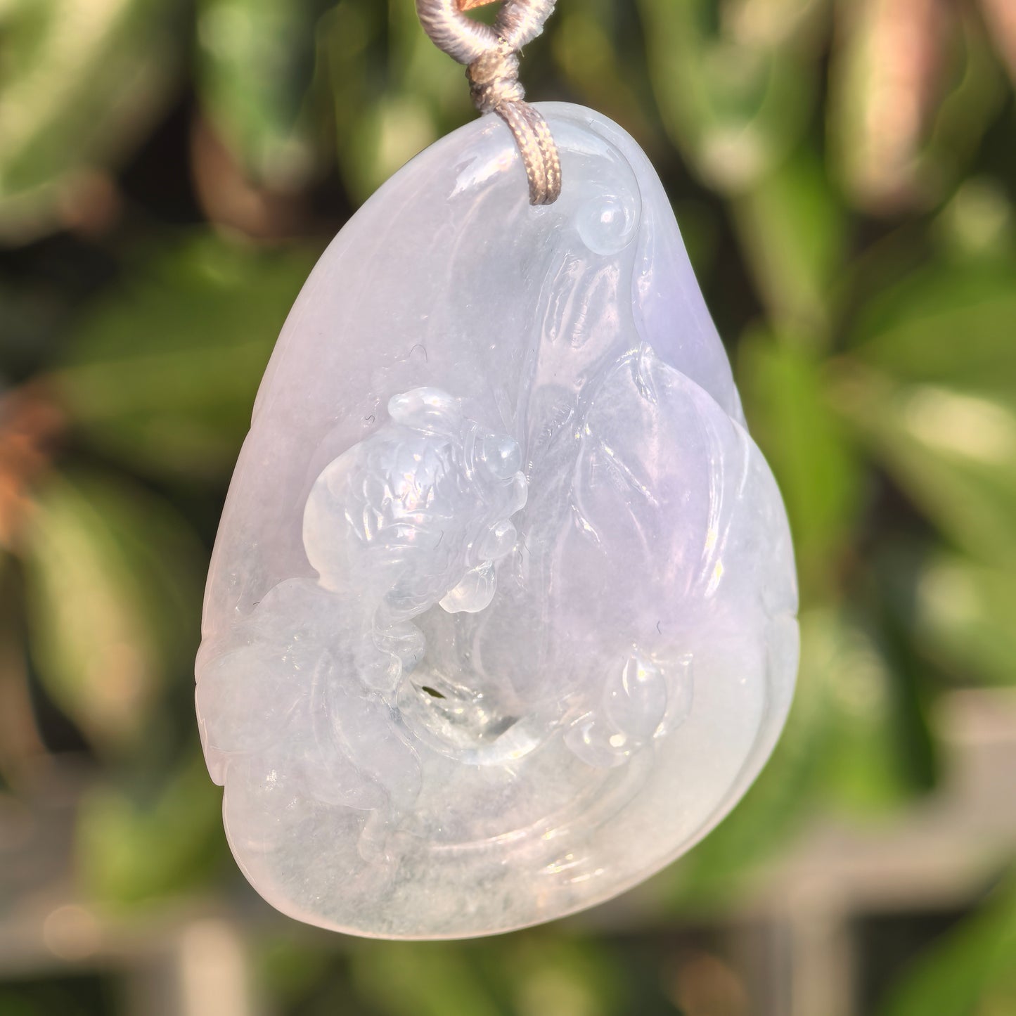 Natural Grade-A Jadeite Glutinous-Icy Lavender Lotus Fish Pendant ·Burmese Jade