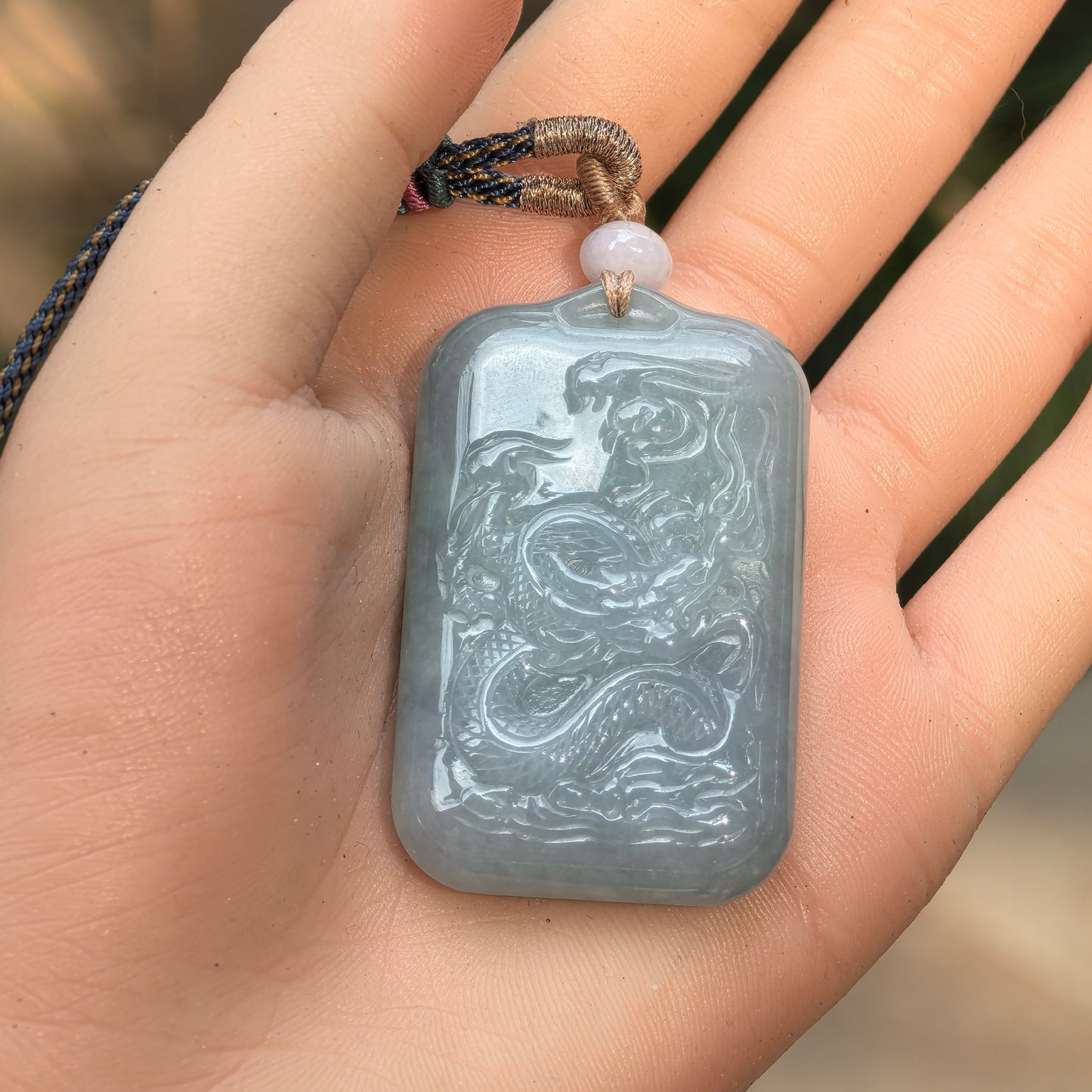 Natural Grade-A Jadeite “Dragon” Pendant – Blue-Tone Glutinous Jade Amulet · Burmese Jade