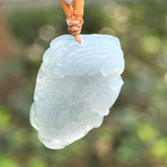 Natural Grade-A Jadeite Glutinous-Icy Blue Lotus Pendant · Burmese Jade