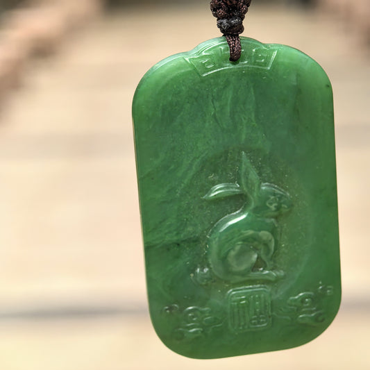 Natural Xinjiang Nephrite Spinach Green Rabbit Pendant · Hetian Jade
