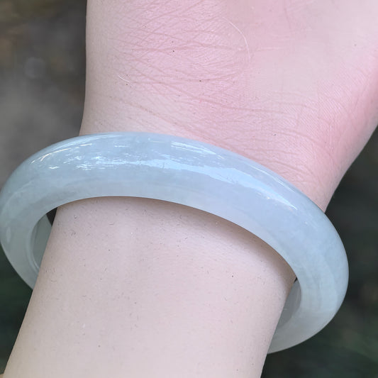 Natural Grade-A Jadeite Glutinous Icy White Classic D-shape Bangle · Burmese Jade 53mm