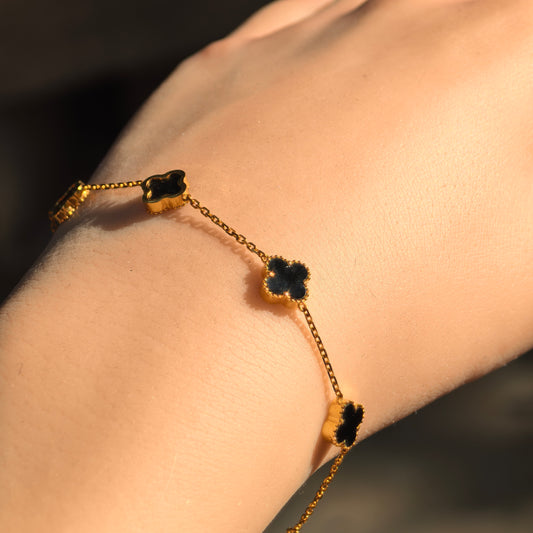 Natural Grade-A 18K Gold-Set Ink Jadeite Clover Bracelet ·Burmese Jade