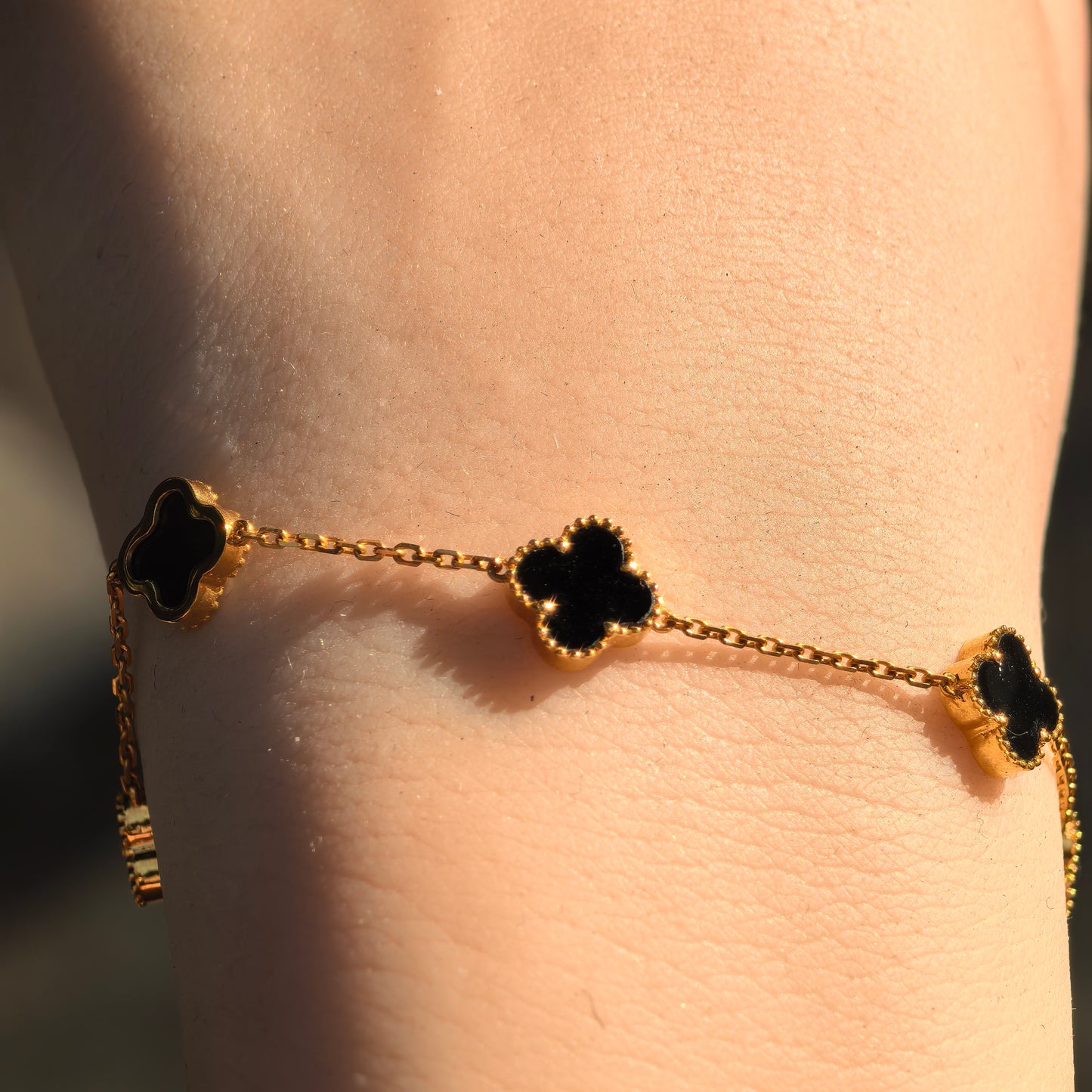 Natural Grade-A 18K Gold-Set Ink Jadeite Clover Bracelet ·Burmese Jade