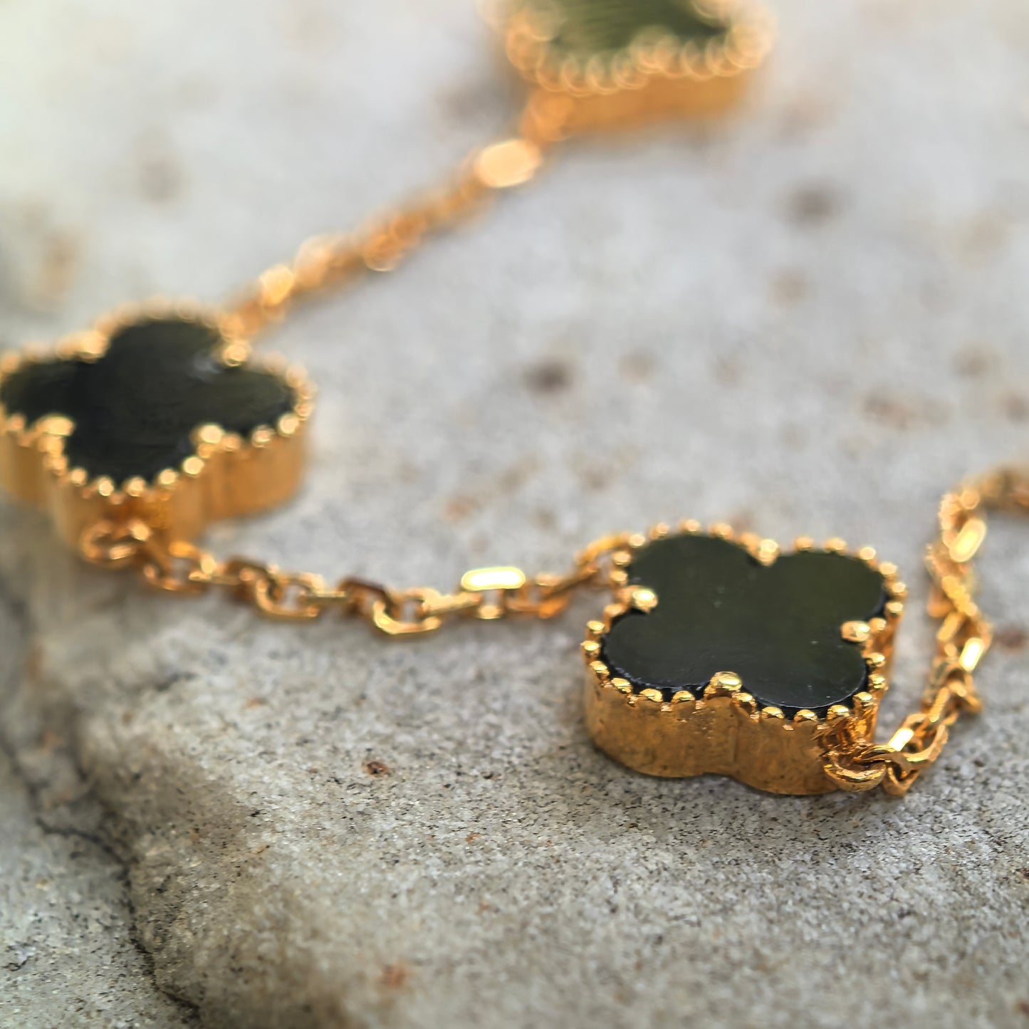 Natural Grade-A 18K Gold-Set Ink Jadeite Clover Bracelet ·Burmese Jade