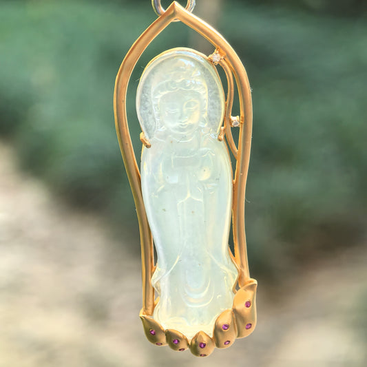 Natural Grade-A Jadeite Icy Translucent Guanyin Pendant with 18K Gold · Burmese Jadeite