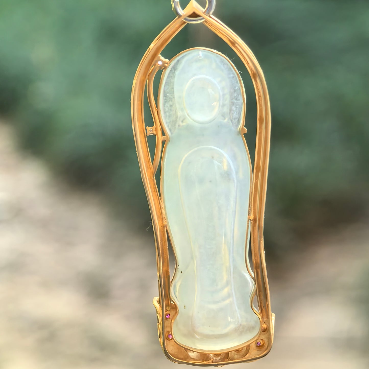 Natural Grade-A Jadeite Icy Translucent Guanyin Pendant with 18K Gold · Burmese Jadeite