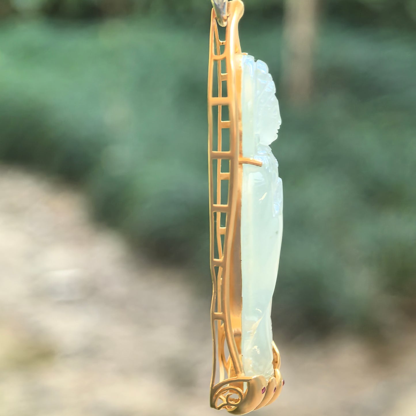 Natural Grade-A Jadeite Icy Translucent Guanyin Pendant with 18K Gold · Burmese Jadeite