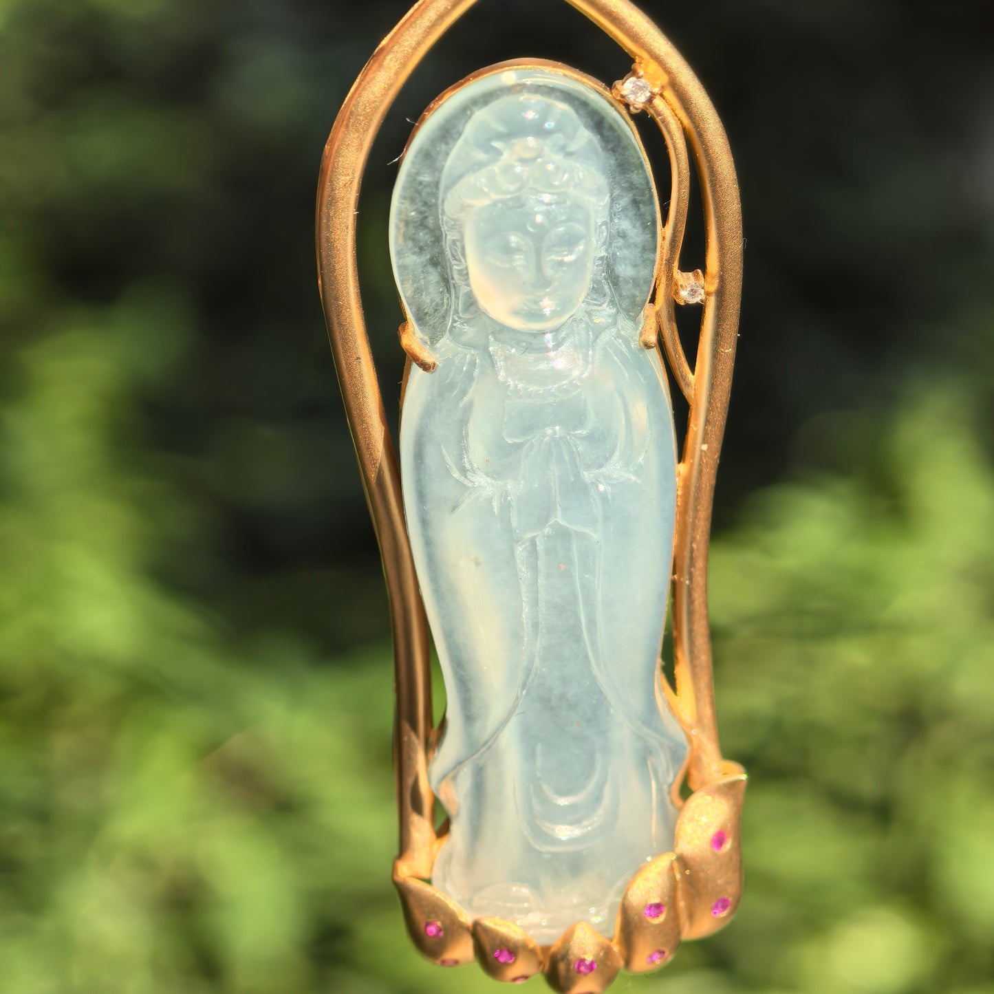 Natural Grade-A Jadeite Icy Translucent Guanyin Pendant with 18K Gold · Burmese Jadeite