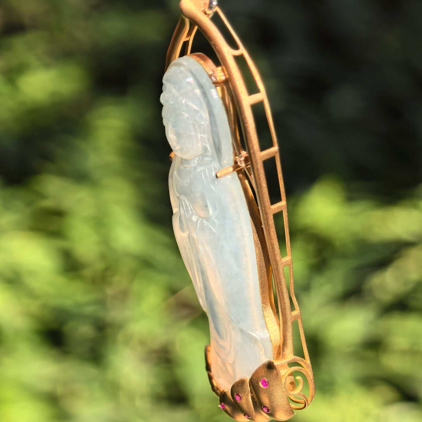 Natural Grade-A Jadeite Icy Translucent Guanyin Pendant with 18K Gold · Burmese Jadeite