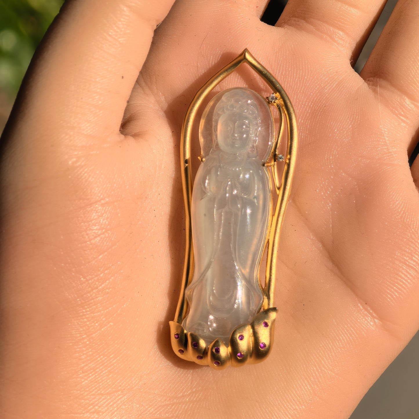 Natural Grade-A Jadeite Icy Translucent Guanyin Pendant with 18K Gold · Burmese Jadeite