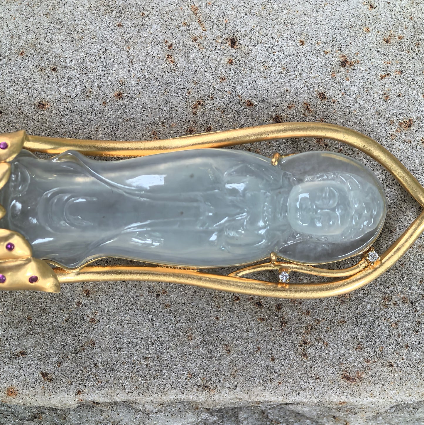 Natural Grade-A Jadeite Icy Translucent Guanyin Pendant with 18K Gold · Burmese Jadeite
