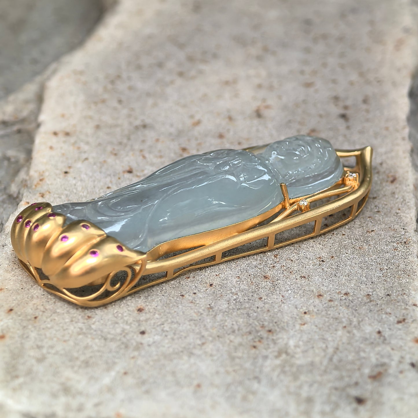 Natural Grade-A Jadeite Icy Translucent Guanyin Pendant with 18K Gold · Burmese Jadeite