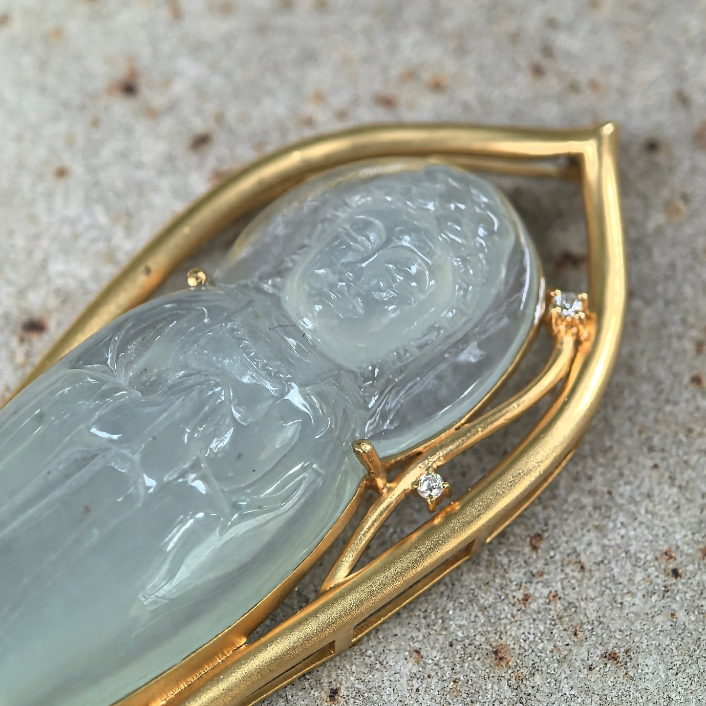 Natural Grade-A Jadeite Icy Translucent Guanyin Pendant with 18K Gold · Burmese Jadeite