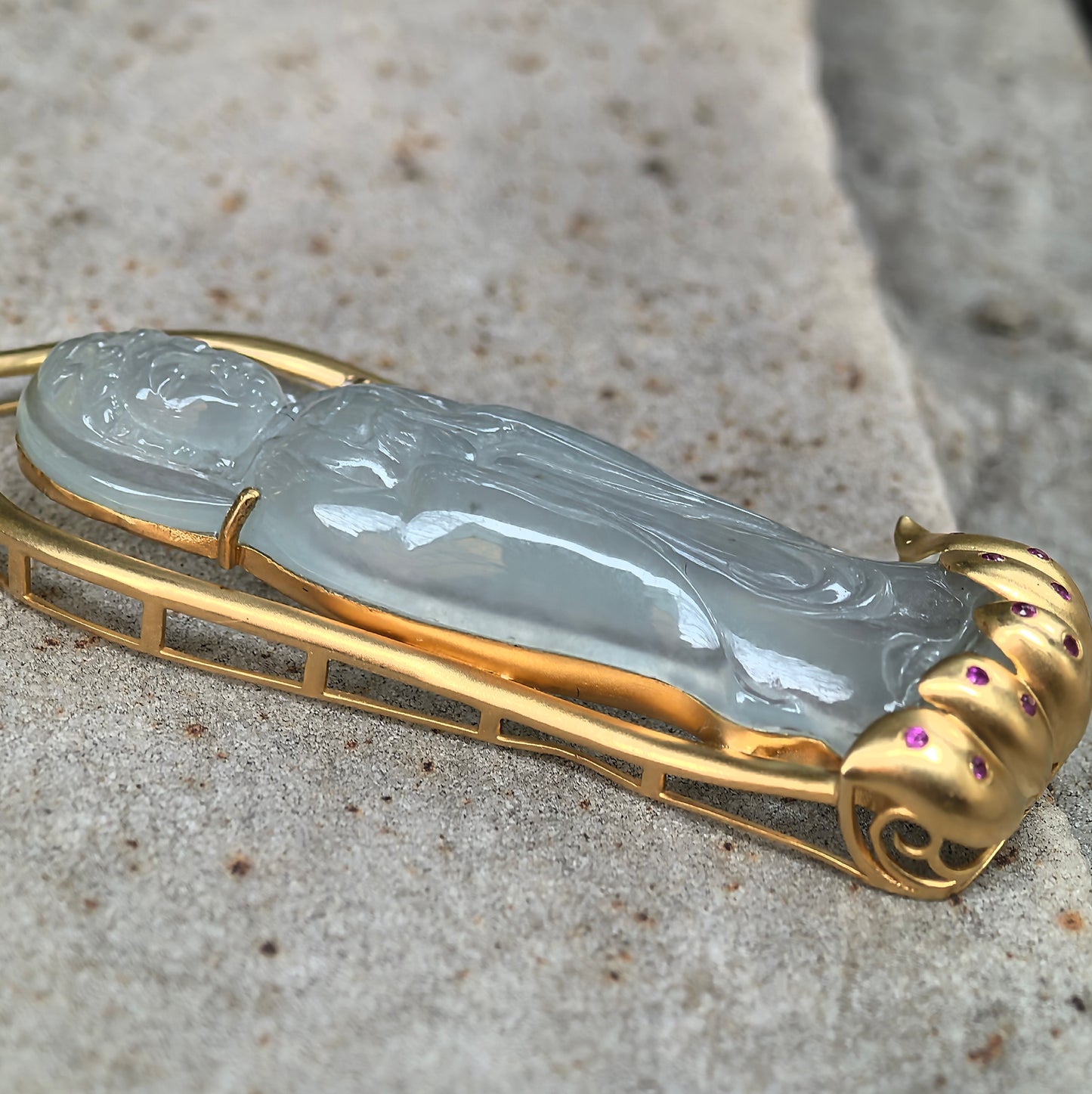 Natural Grade-A Jadeite Icy Translucent Guanyin Pendant with 18K Gold · Burmese Jadeite