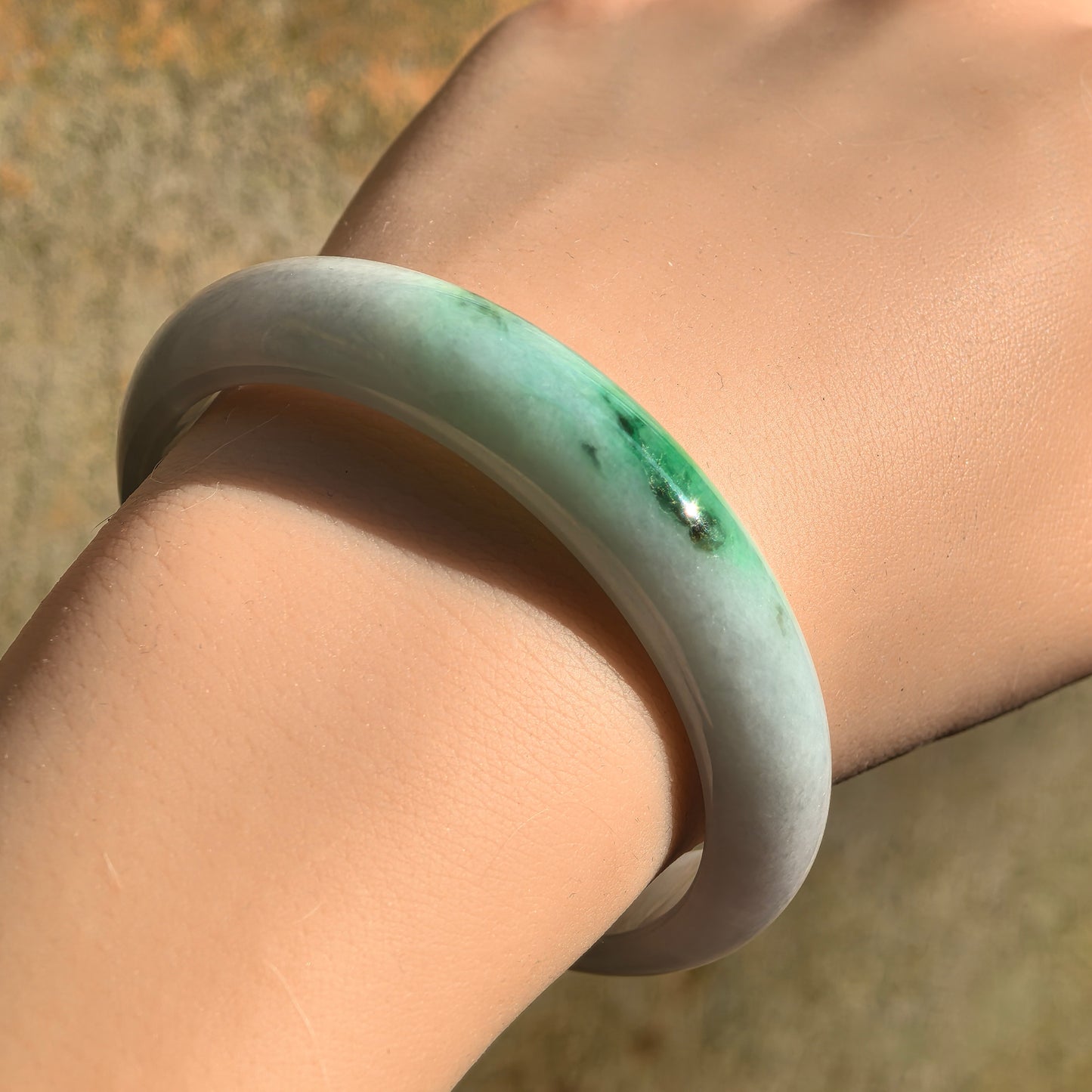 Natural Grade-A Jadeite Glutinous White & Green D-shape Bangle · Burmese Jade 55mm