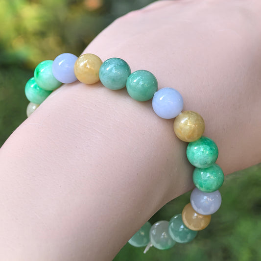 Natural Grade-A Jadeite Glutinous Multi-Color Bead Bracelet · Burmese Jade 9.5mm
