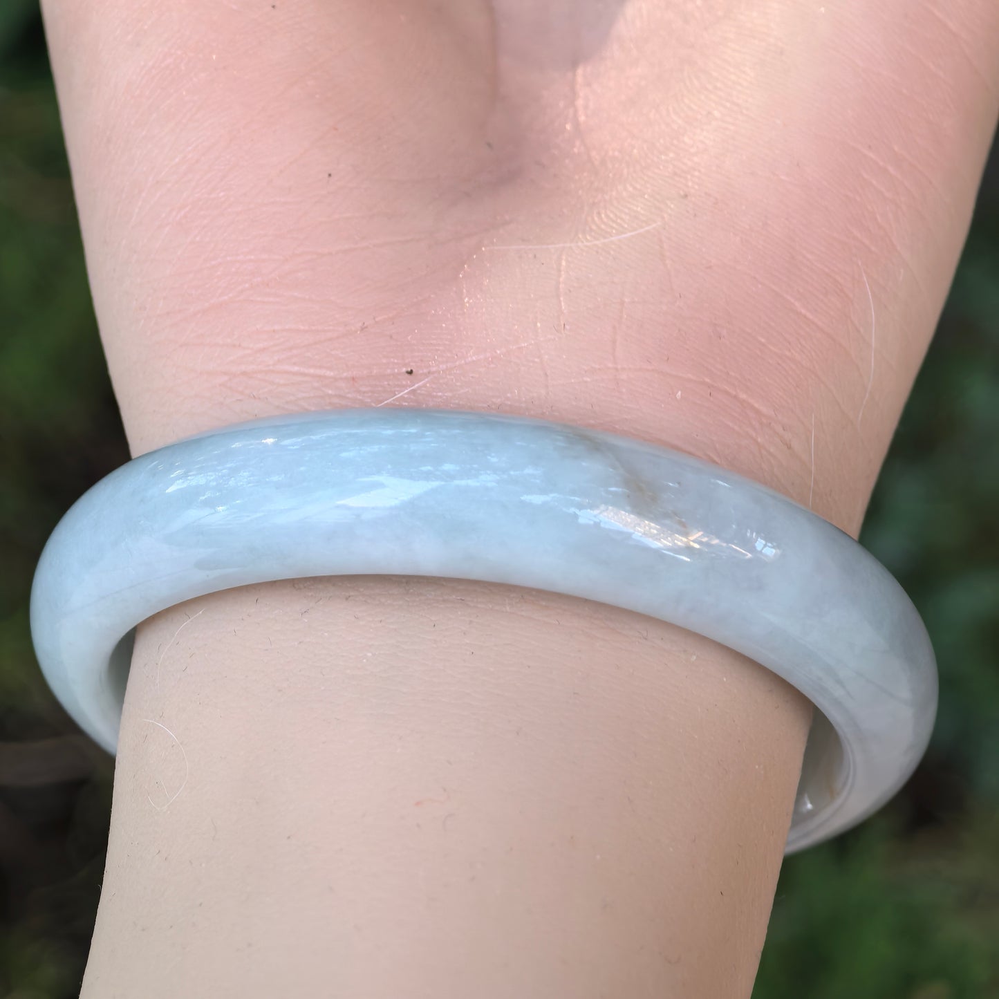 Natural Grade-A Jadeite Glutinous White & Green D-shape Bangle · Burmese Jade 55mm
