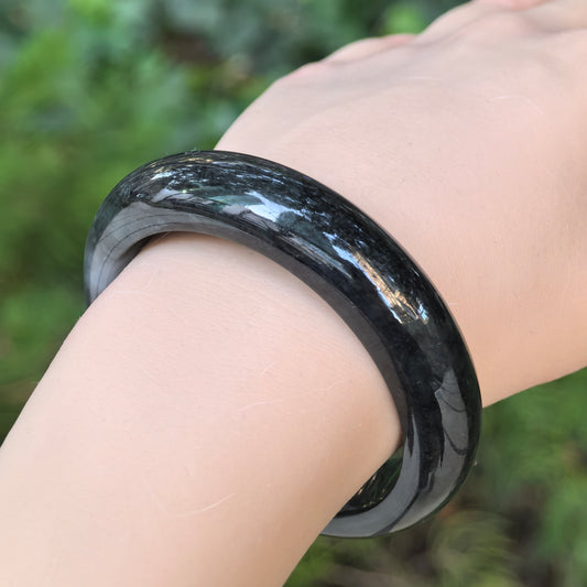 Natural Grade-A Jadeite Black “WuJi” D-shape Bangle · Burmese Jade 52mm