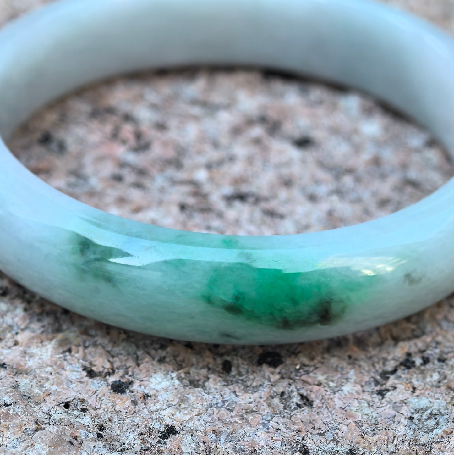 Natural Grade-A Jadeite Glutinous White & Green D-shape Bangle · Burmese Jade 55mm