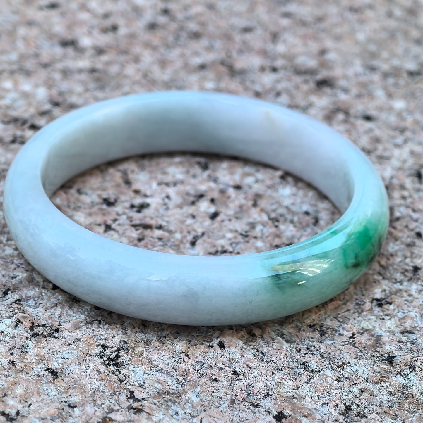 Natural Grade-A Jadeite Glutinous White & Green D-shape Bangle · Burmese Jade 55mm
