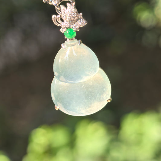 Natural Grade-A Jadeite Icy Translucent Pale Green Gourd Pendant with 18K Gold · Burmese Jadeite