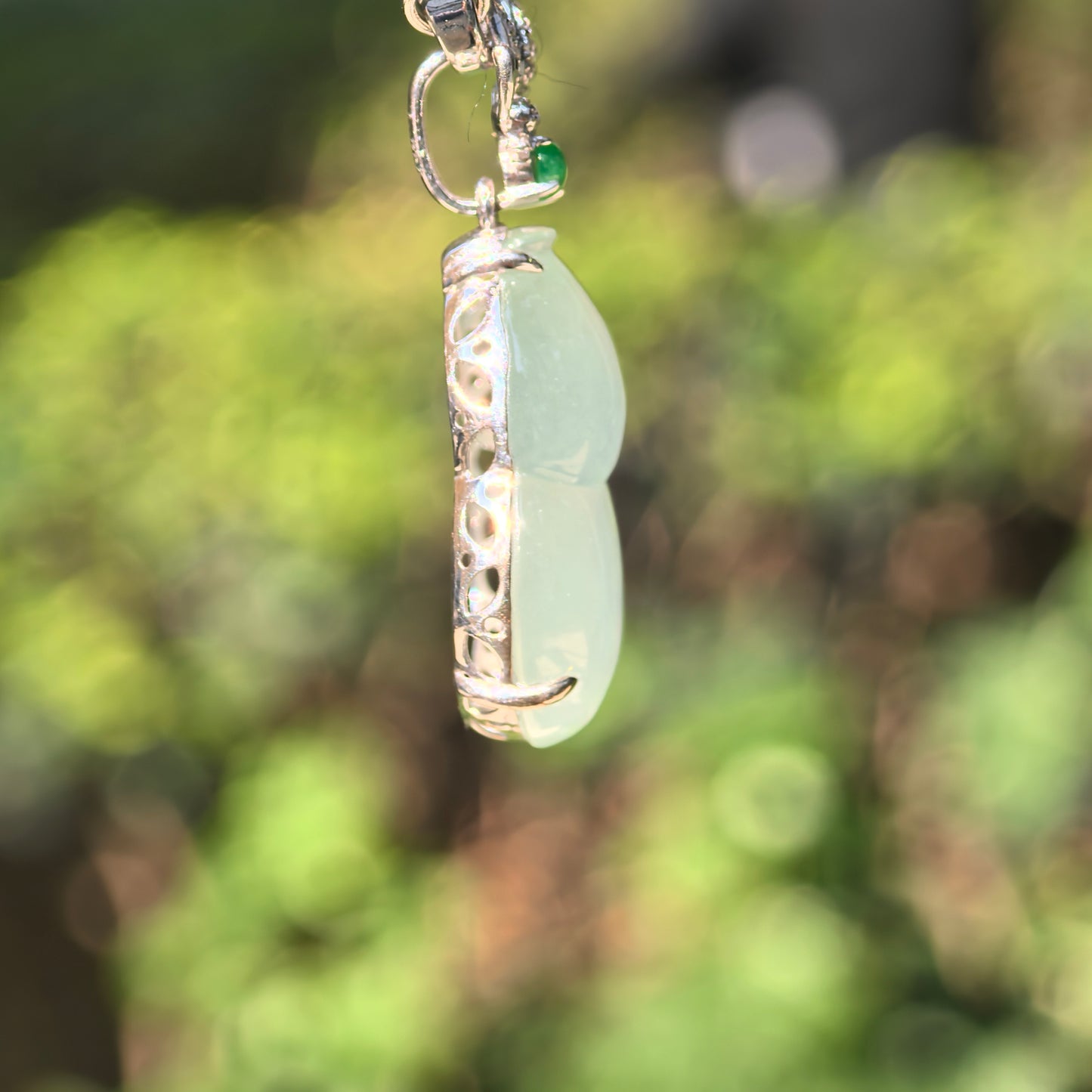 Natural Grade-A Jadeite Icy Translucent Pale Green Gourd Pendant with 18K Gold · Burmese Jadeite