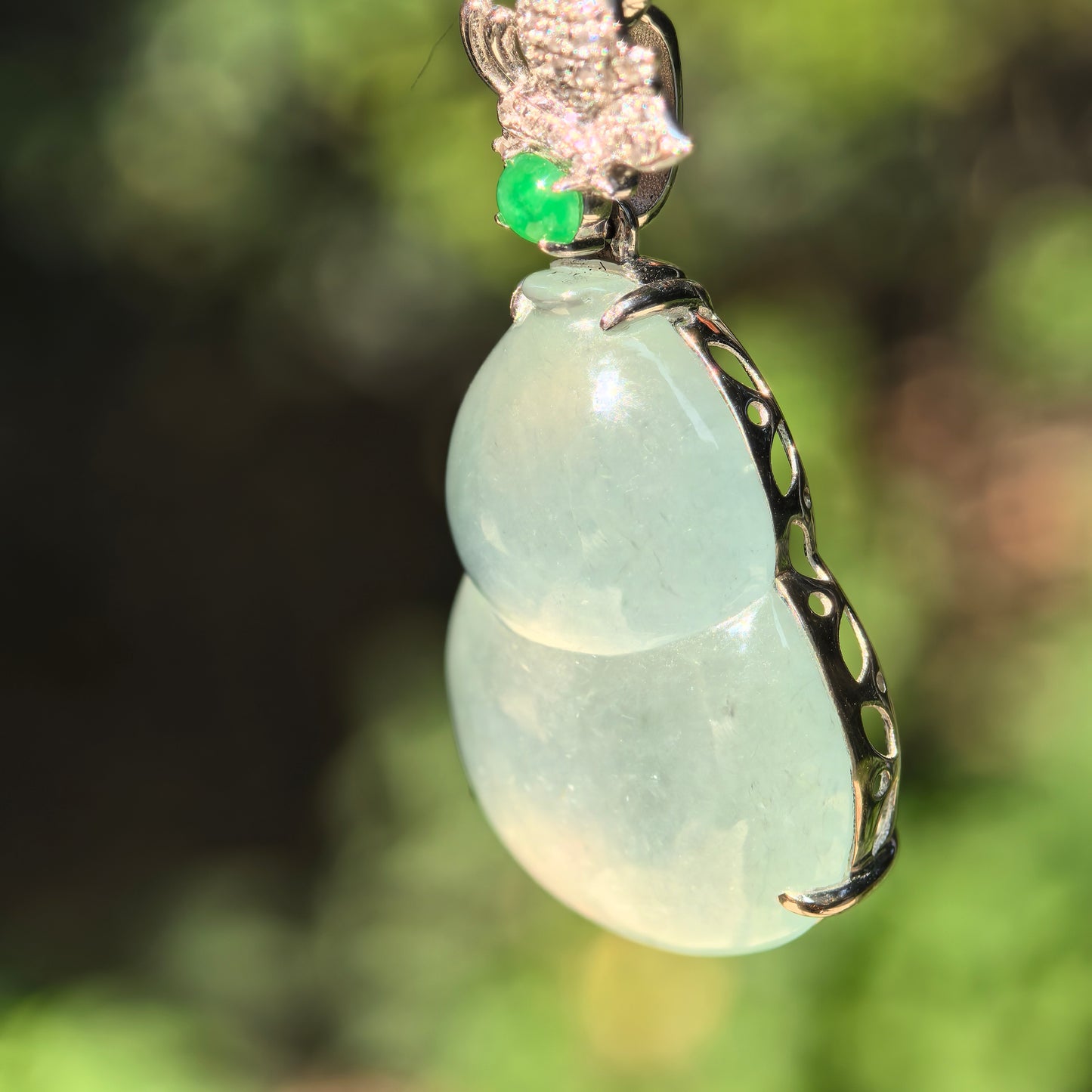 Natural Grade-A Jadeite Icy Translucent Pale Green Gourd Pendant with 18K Gold · Burmese Jadeite
