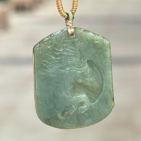 Natural Grade-A Glutinous Oily Green Jadeite Horse Plaque Pendant · Burmese Jade