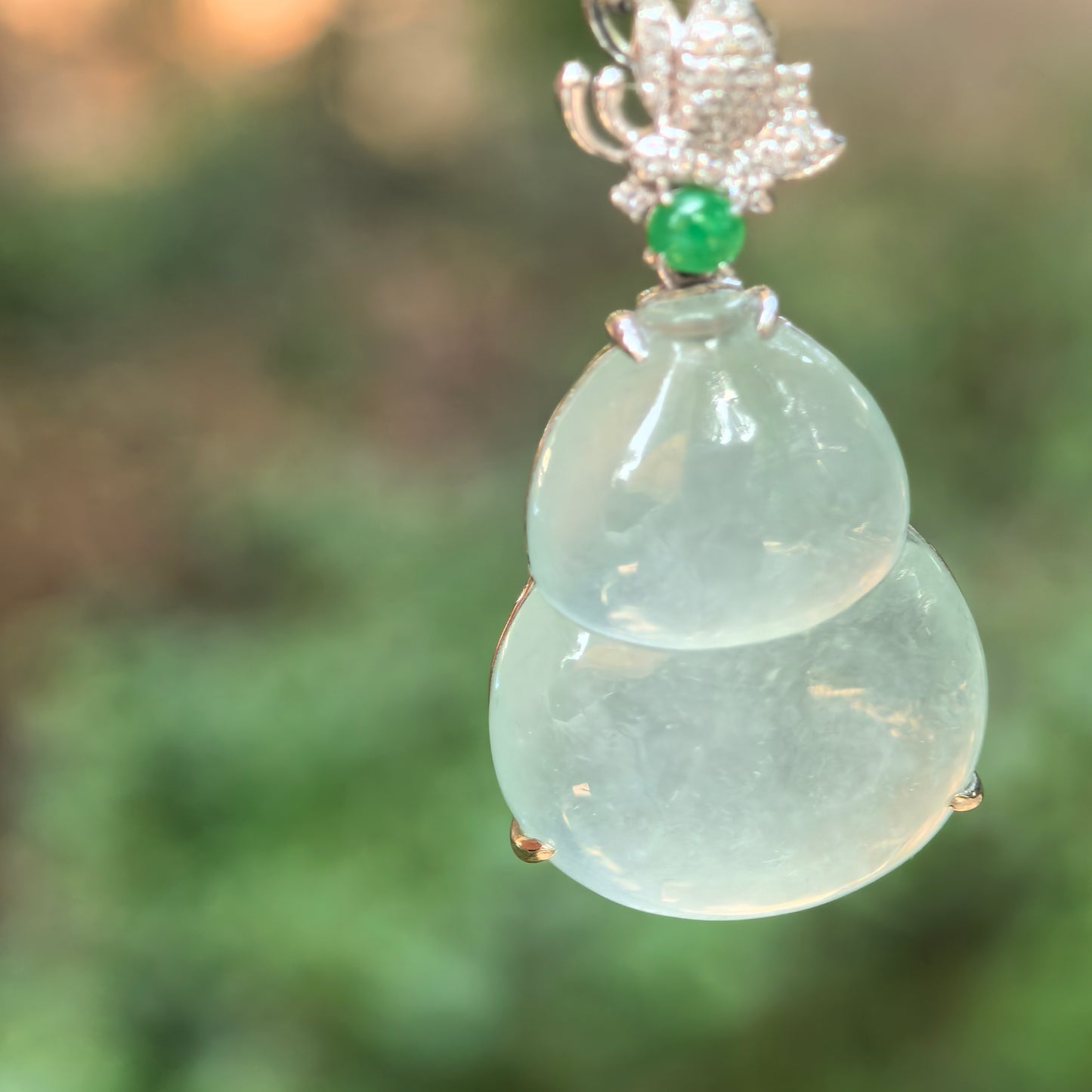 Natural Grade-A Jadeite Icy Translucent Pale Green Gourd Pendant with 18K Gold · Burmese Jadeite