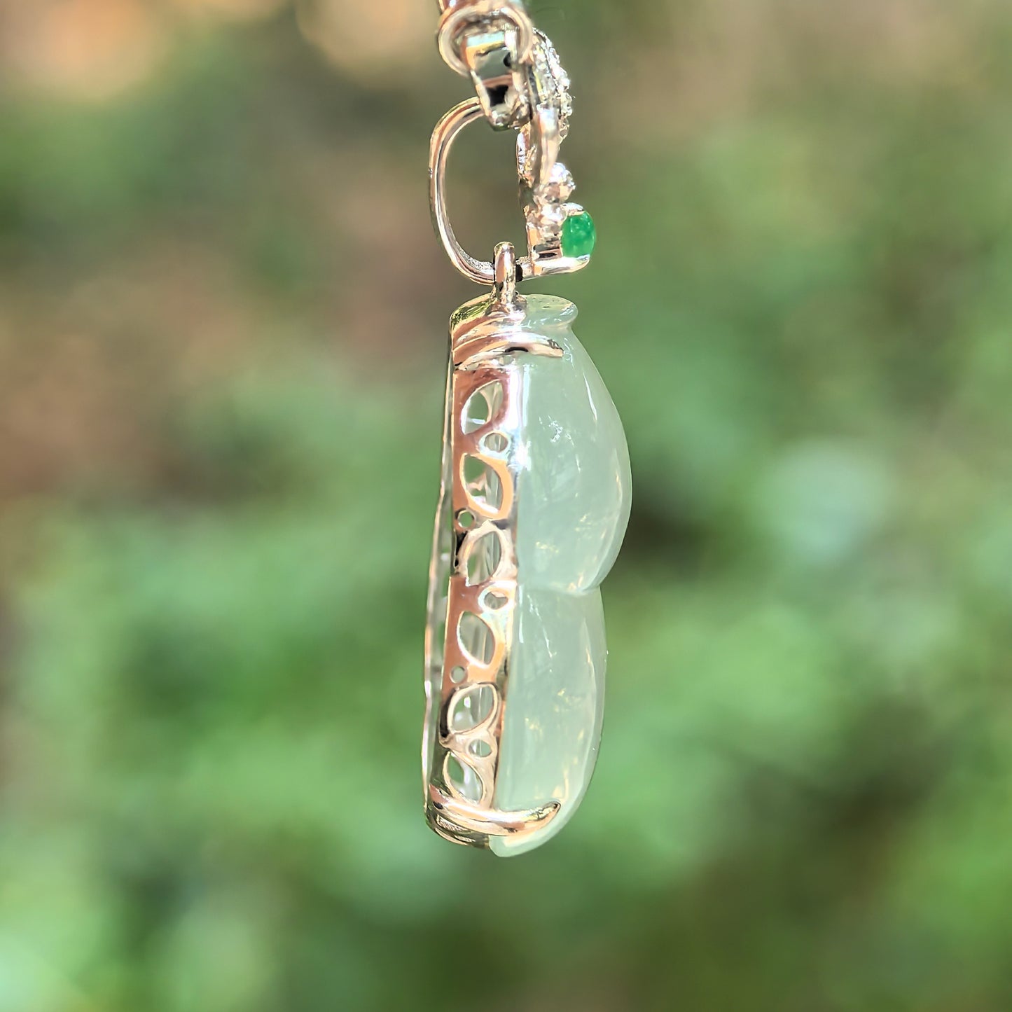 Natural Grade-A Jadeite Icy Translucent Pale Green Gourd Pendant with 18K Gold · Burmese Jadeite