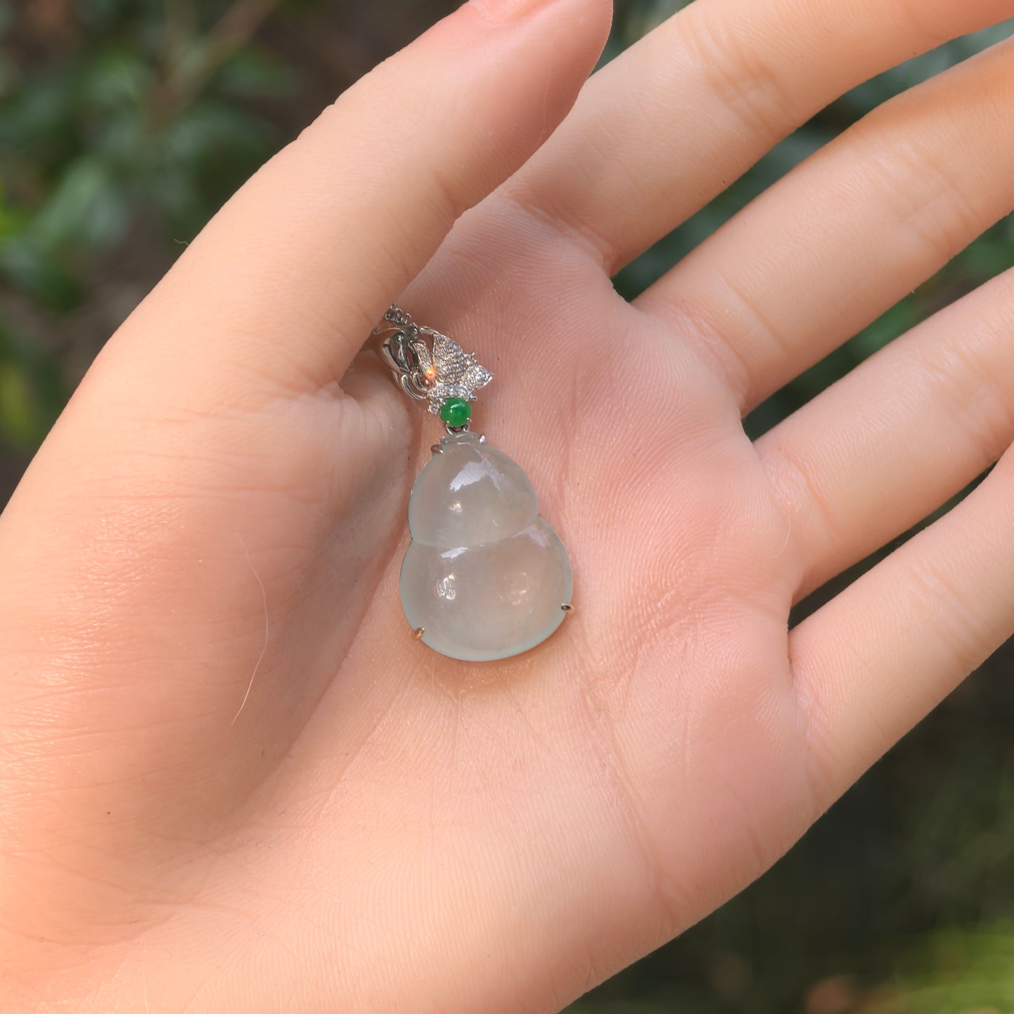 Natural Grade-A Jadeite Icy Translucent Pale Green Gourd Pendant with 18K Gold · Burmese Jadeite