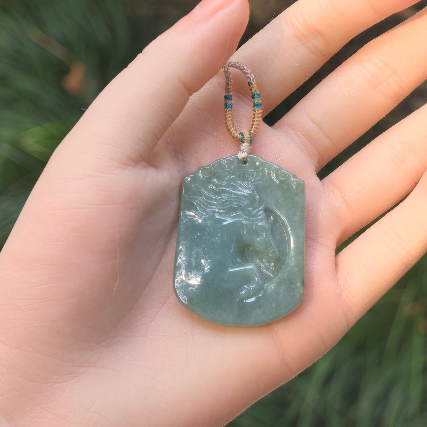 Natural Grade-A Glutinous Oily Green Jadeite Horse Plaque Pendant · Burmese Jade