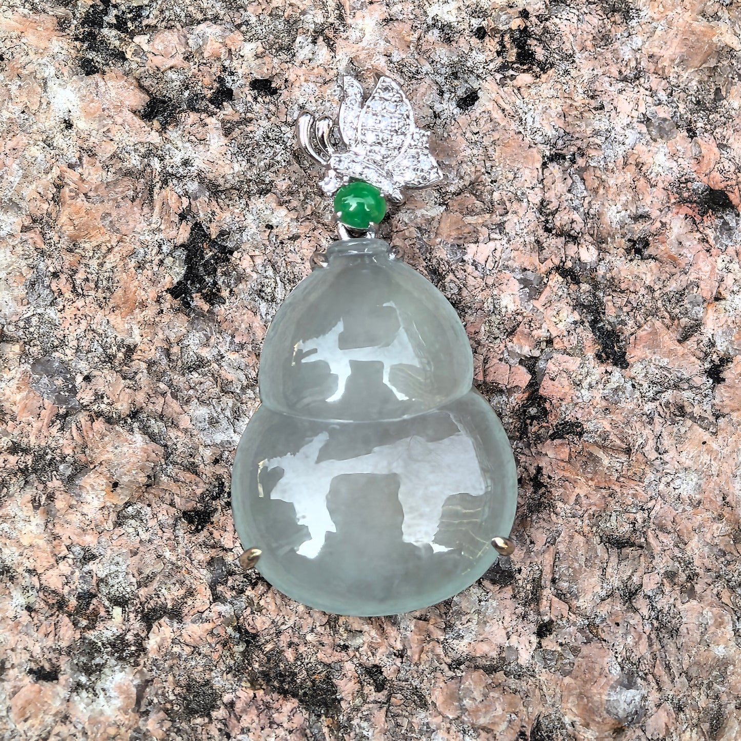 Natural Grade-A Jadeite Icy Translucent Pale Green Gourd Pendant with 18K Gold · Burmese Jadeite