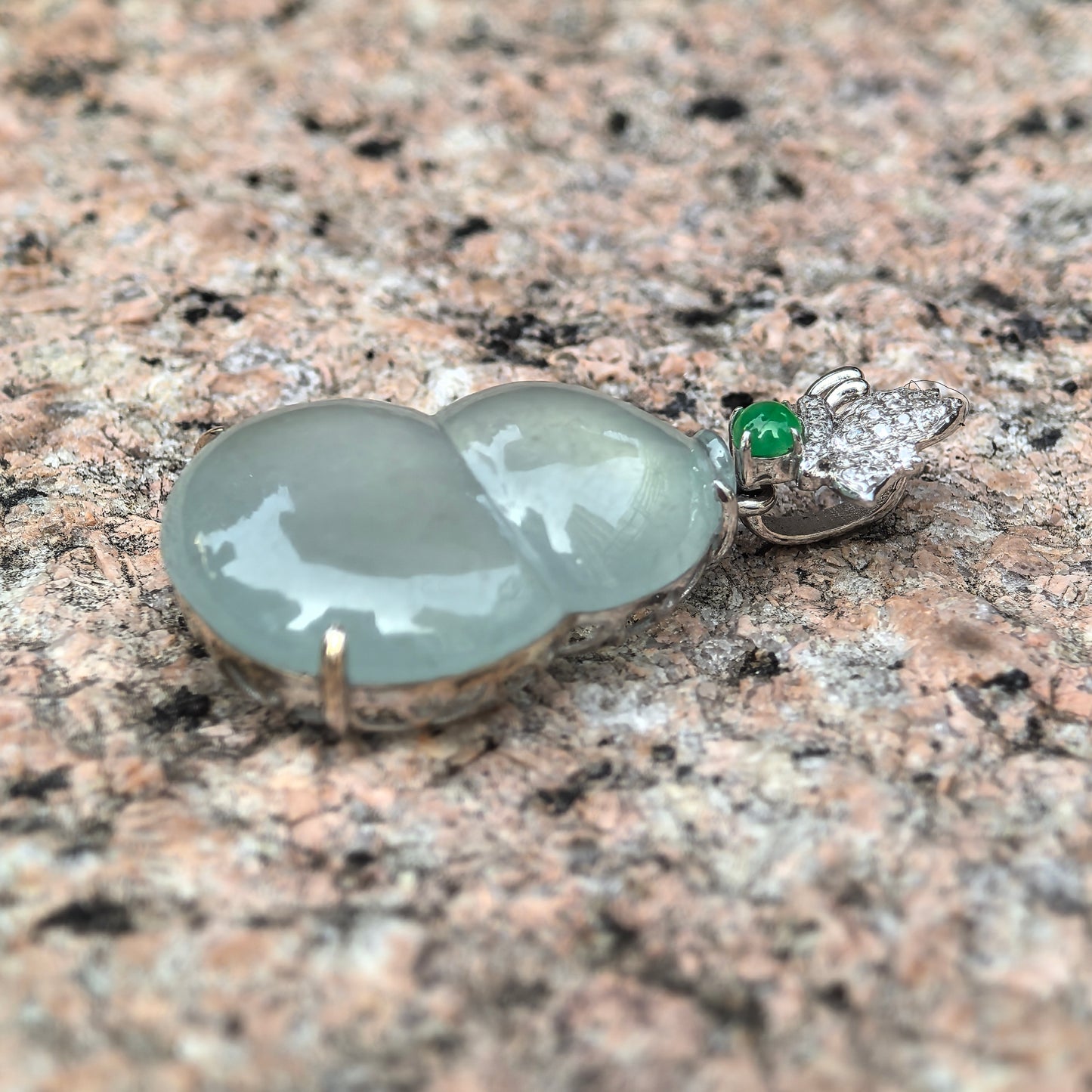 Natural Grade-A Jadeite Icy Translucent Pale Green Gourd Pendant with 18K Gold · Burmese Jadeite