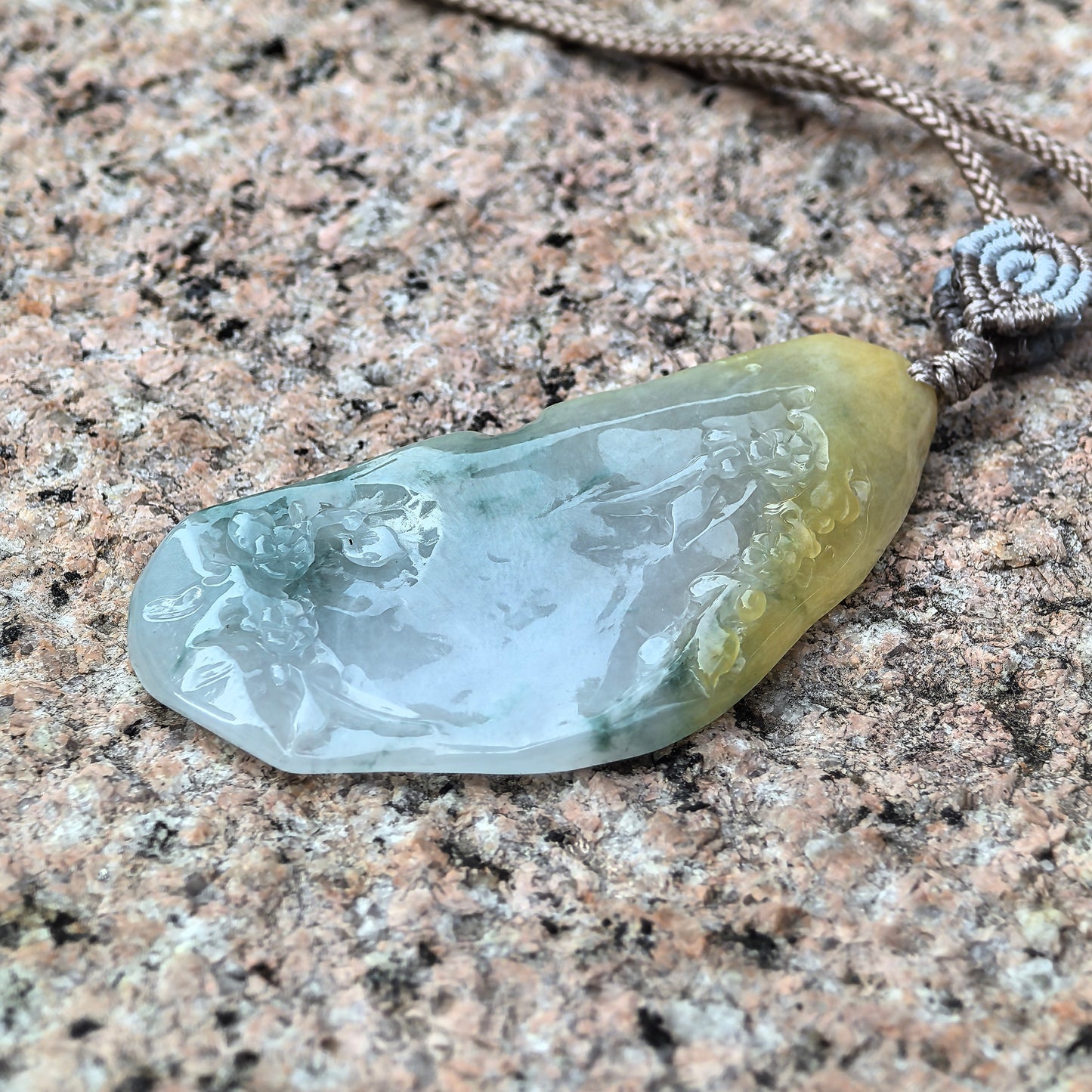 Natural Grade-A Jadeite Floral Garden Carved Pendant · Burmese Jade