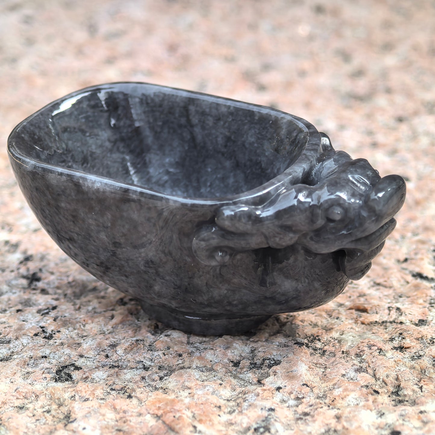 Natural Grade-A Glutinous Black Jadeite Dragon Cup · Burmese Jade