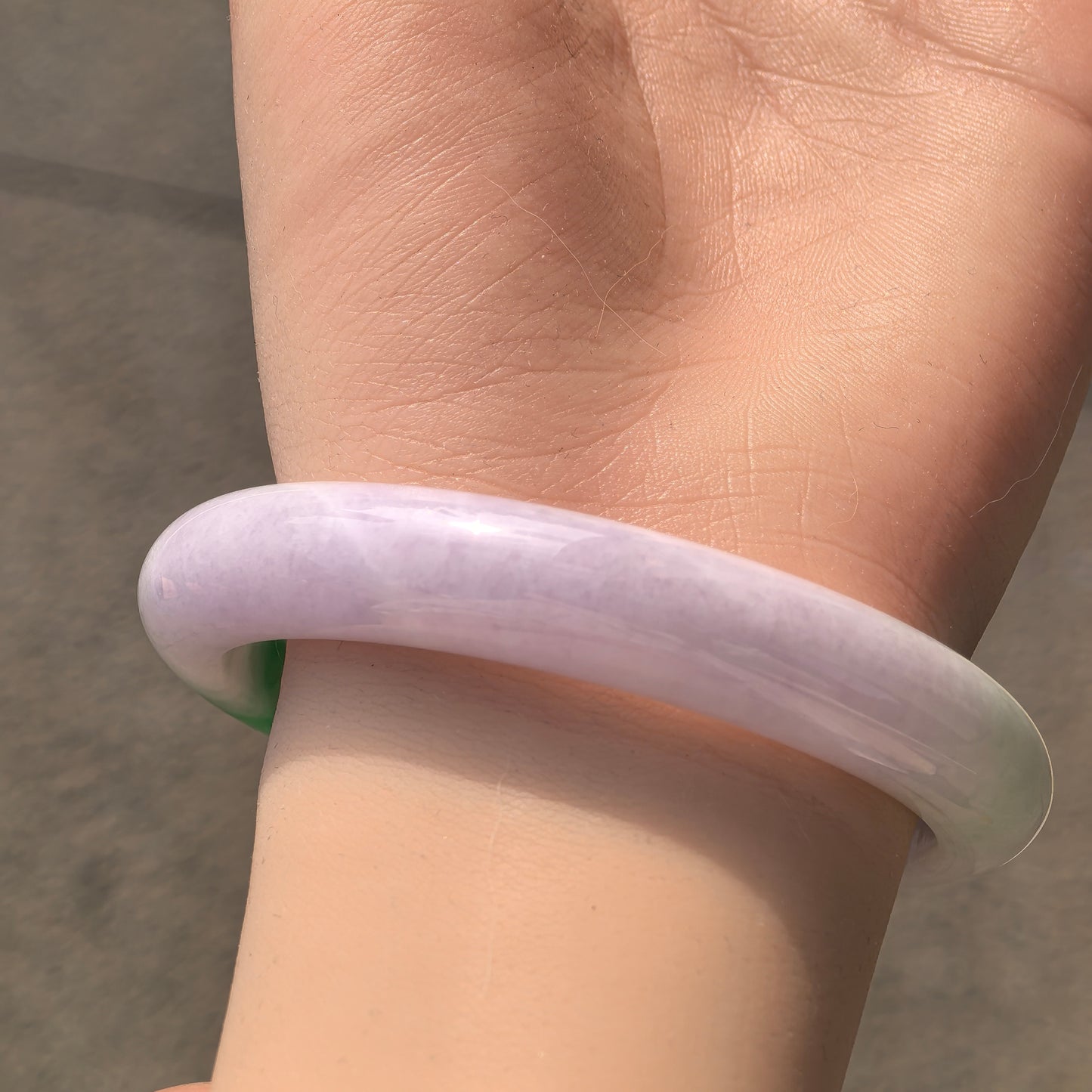 Natural Grade-A Glutinous Light Lavender Jadeite D-shape Bangle with Vivid Green Accent · Burmese Jade 57mm
