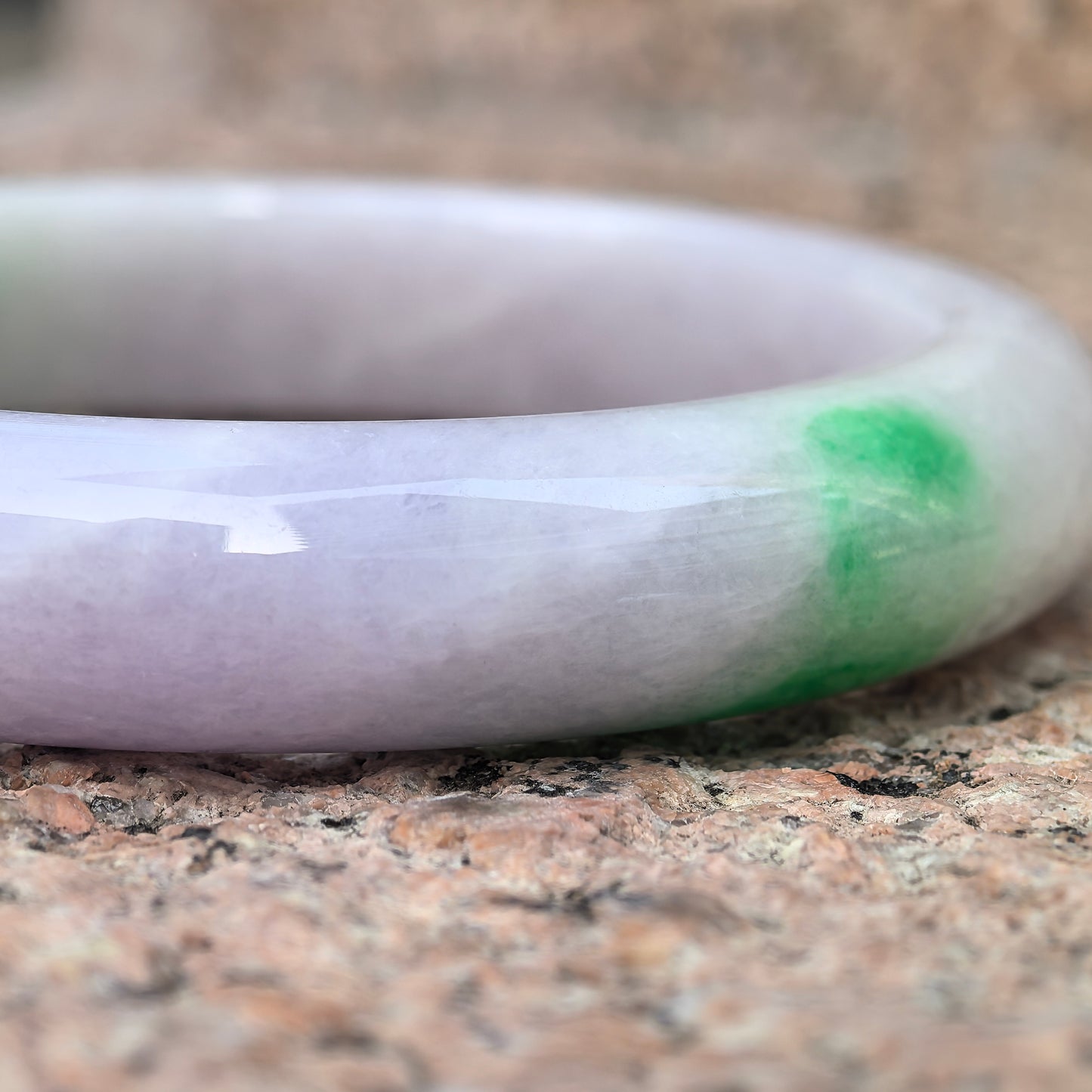 Natural Grade-A Glutinous Light Lavender Jadeite D-shape Bangle with Vivid Green Accent · Burmese Jade 57mm